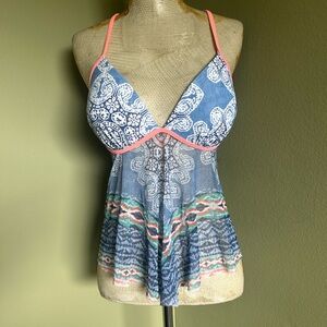 OP Women’s Multicolor Paisley Tankini Top with Coral Trim M (7-9)